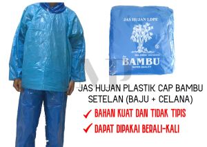 Jas Hujan Plastik Setelan Baju Celana LDPE Cap Bambu Lengan Panjang Kresek Tebal Emergency Raincoat