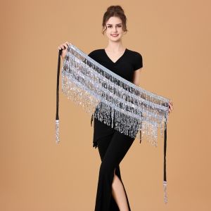 ONERVGY 4-Row Belly Dance Belt Metallic Shiny Dance Wrap-skirt Fringe Hipwrap Tiered Sequin Hipscarf Halloween