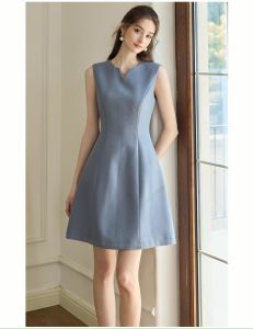 Đầm xòe không tay dáng ngắn màu xanh dương nhẹ nhàng cổ chữ V chiết eo 🎀 phong cách tiểu thư trẻ trung