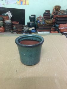 Chậu tròn bonsai mini gốm bát tràng mầu xanh