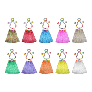 5Pcs Hawaiian Grass Skirt Flower Bracelet Necklace Headband Flower Costume Set Luaus Party Decorations Kids and Adults