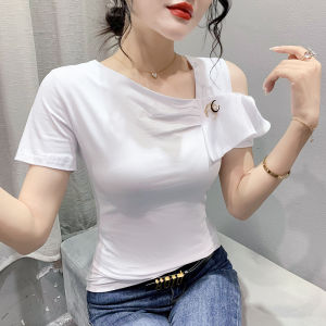 REHIN Womens top Summer new trend off-the-shoulder short sleeve T-shirt ruffle edge versatile elegant M-3XL blouse