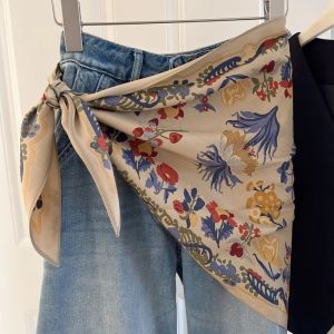 SQMETR Matching Pants Floral Triangle Scarf Multi-functional Silk Satin Decorative Headscarf Fashion Womens Necktie Summer