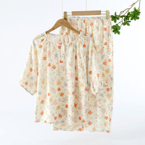 2025 New Spring and Summer Womens Cotton Pajamas Set Printed Short Sleeves + Cropped Pants Two-piece Set