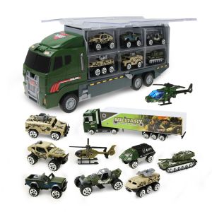 10 in 1 Die-cast Military Vehicle Transport Car Carrier Truck Toy with Mini Battle Cars Playsets Gift for Kids Boys
