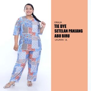 Tie Dye Big Size / One Set Jumbo / Setelan Celana Panjang Jumbo Abu Biru / Setelan Busui / Tie Die Lengan 3/4 / Tie Dye Rayon