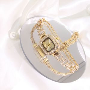 ใหม่นาฬิกาสร้อยข้อมือเพชรเชือกรูดสไตล์เกาหลีสำหรับแฟชั่นสำหรับผู้หญิงสายปรับอารมณ์นาฬิกาควอทซ์หน้าปัดสี่เหลี่ยมสำหรับเด็กผู้หญิง