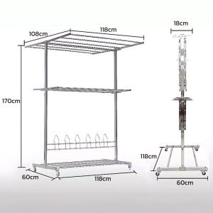 CANAAN ราวตากผ้า SUS304 พับได้ 3ชั้น/ความสูง 1.7M ราวตากผ้ากลางแจ้ง พร้อมล้อ Clothes Drying Rack ไม่เป็นสนิม