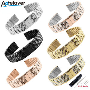 Aotelayer Thin Nine Beads Solid Stainless Steel Watch Band 13 18 20 22mm Double Button Butterfly Button Men Women Bracelet Flat Head Universal Strap With Tools