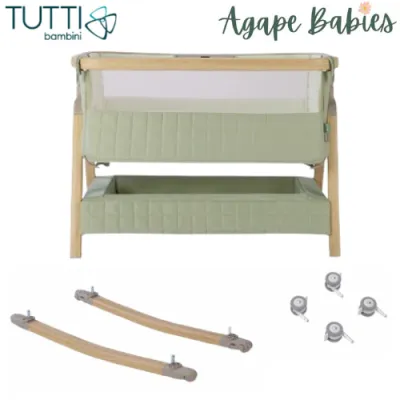 Tutti Bambini Cozee Sense Bedside Crib - Drifted Oak/Eucalyptus + Rocking Bar + CoZee Castors (Bundle pack)