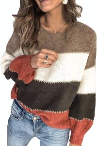 Dokotoo Women Color Block Sweater Long Sleeve Round Neck Pullover Knitted Pullover Tops