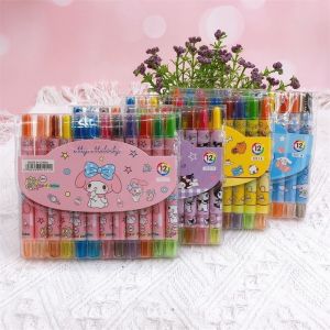 12 Pieces/set Sanrio Cinnamoroll Mymelody Kuromi PomPom Purin Crayon Hello Kitty Childrens Painting Pen Student Rotating and Scalable Color Crayon Student Gift