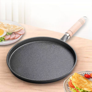 Chảo gang chống dính đúc nguyên khối quai cầm gỗ cách nhiệt đường kính 26cm chảo chiên rán đổ bánh xèo HOME