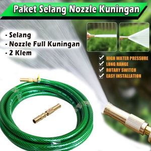Paket Komplit Semprotan Cuci Motor Cuci Mobil Selang Air Serat Benang Anti Tekuk Plus Nosel Kuningan Free Klem 2 - Selang Serat Benang 1/2 Inc Semprotan Nosel Full Kuningan