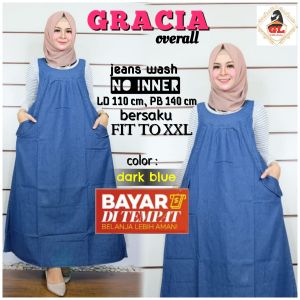 Overall Wanita Gamis Jeans Jumbo Jumpsuit Rok Jeans Baju kodok Wanita Gracia -  Gamis Non Busui Hamil Outer Wanita Muslim Hijab - Baju Korea Terbaru