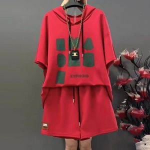 Letter Fashion Printed Large Womens Hooded Short Sleeve Set Casual Sports Shorts Summer Two Piece Set