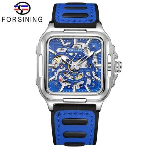 Original Forsining fully automatic mechanical watch with rubber strap and square hollow mens clock fashionable and luxurious. Mens Gift