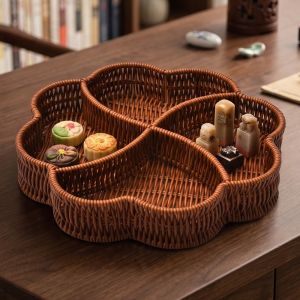 WELLNOW Imitation Rattan Serving Tray Round Shape Multi Compartment Dry Fruit Plate Desktop Container Sturdy Frame Candy Dish Home Living Room