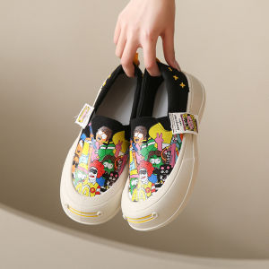 IELGY graffiti canvas shoes womens round toe thick sole shoes