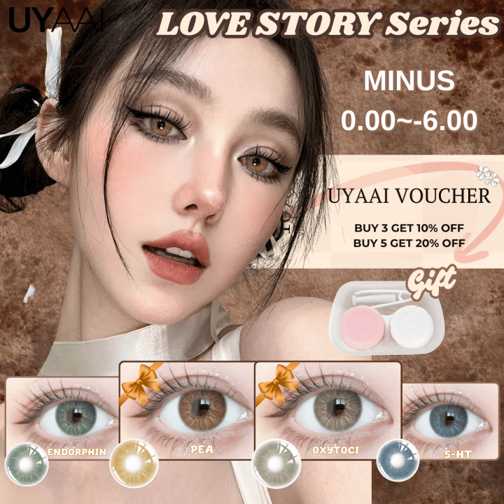 lens power [0.00-6.00] UYAAI 1 Pair Colored Contact 14.2mm LOVE STORY Oxytocin Brown Gray Blue Green Wearing Lens Natural Look Monthly Replacement
