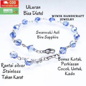 Gelang Tangan Wanita Swarovski / Gelang Cewek Swaroski Original Sapphire Biru 6mm Stainless Tahan Karat Kado Hadiah Terbaru