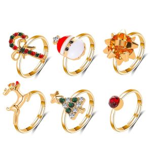 LABAICAI Lovely Cute Charming Christmas Tree 6pcs/set Ornaments Christmas Jewelry Cartoon Women Ring Elk
