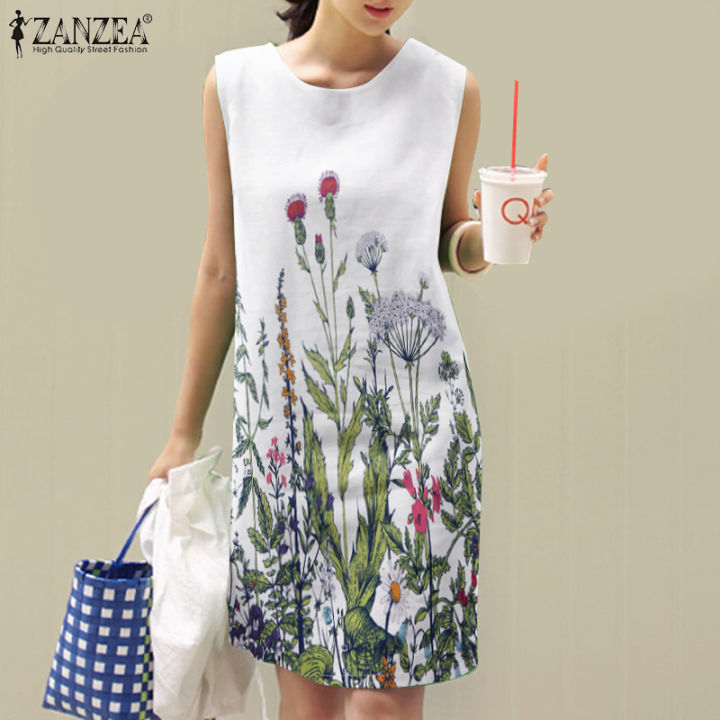 Fancystyle ZANZEA Womens Elegant Floral Printed Tank Dress Vintage Holiday  Sleeveless O-Neck Side Slit Robe Dresses #7