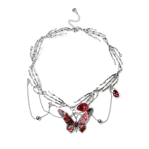 Red Enamel Butterfly Tassels Multi Layer Necklace Elegant Adjustable Length Neckchain Alloy Gift for Women