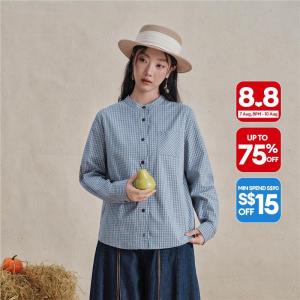 Giordano Women Plaid scalloped placket long sleeve cotton shirt Free Shipping 18346723