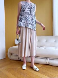 6970 Xia Sanzhai Pleated Classic Style Print National Style Versatile Casual T-Shirt Top Print One Size (45-75kg)