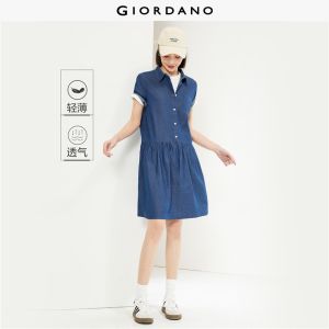GIORDANO Women Dresses Cotton Lightweight Denim Shirt Dresses Short Sleeve Half Placket Fashion Casual Denim Dresses 05464313