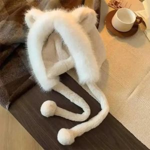 Winter Fox Ear Hat Women Sweet Knitted Woolen Hat Beanies Warm Plush Thick Mongolian Hat Outdoor Ski Riding Bonnet Earmuffs Cap