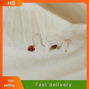 HB 1Pair Korean Style Exquisite Wine Red Zircon Love Heart Dangle Stud Earrings For Women Simple Fashion Ear Hook Party Jewelry