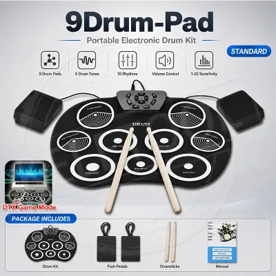 9-Pad Foldable Electronic Drum Set Portable Roll-up Digital Drum Kit Compact Size with Silicon Drums Pad Drumsticks & Sustain Pedal for Kids Adults Beginner