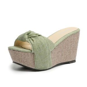 [Free Shipping] Sweet Bowknot Sandals Linen Fabric Thick-Soled Wedge Sandals High-Heeled Sandals