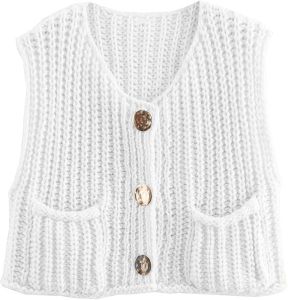 Wyeysyt  Womens Sleeveless Knitted Cardigan Vest with Exposed Navel Casual Buttoned Short Knitted Vest with Pockets