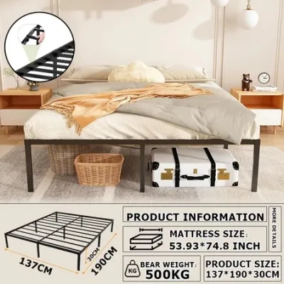 Homelife Steel-Framed Iron Bed Single Double Bed Household Queen Size Bed with Storage Stable and Durable