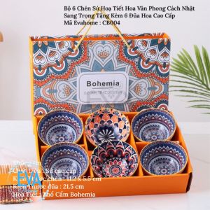 Bộ 6 Chén Sứ Hoạ Tiết Hoa Văn Phong Cách Nhật Sang Trọng Tặng Kèm 6 Đũa Hoá Cao Cấp