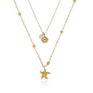 2 Layers Starfish Sea Shell Pearl Gold Pendant Chain Necklace • Waterproof Non Tarnish Jewelry • 18K Gold Plated 316L Stainless Titanium Steel Vacation Necklaces for Women NL248