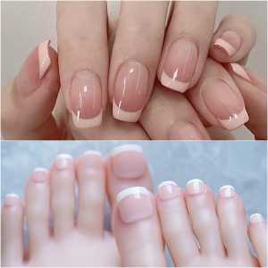 24pcs Kuku Palsu Tangan dan Kaki Model French + Lem Tahan Air Fake Nails Art 3d Kuku Palsu Natural