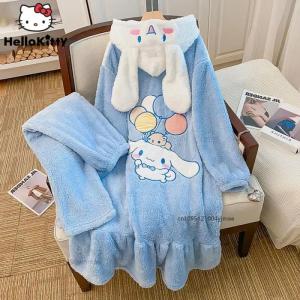 Cute Sanrio Cinnamoroll Plush Cotton Pajamas Set Y2K Embroidery Cartoon Womens Winter Blue Thickened Fleece Nightgown Home Robe
