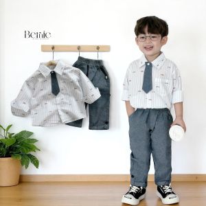 BE244 Set áo sơ mi quần dài BERNIE bộ quần áo bé trai sọc đỏ phong cách Hàn Quốc