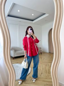 NANDO ATASAN KEMEJA WANITA KOREAN STYLE MERAH PUTIH KOMBINASI BROKAT KERAH BROKAT