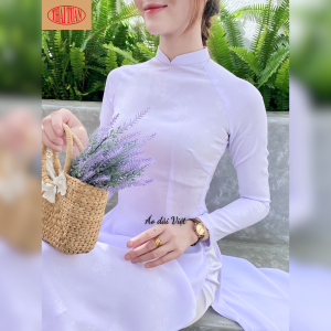 Áo dài trắng xanh gấm hoa tầng lụa lencii Thái Tuấn cao cấp học sinh nữ đi học may sẵn truyền thống