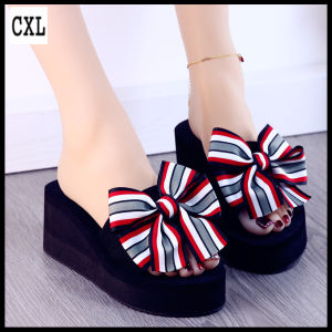 CXL Brand Fashion Beautiful Slippers 2.36 Inches Wedge Sandals High Heels Bow Rubber Sturdy Shoes For Women (Size 34-39)