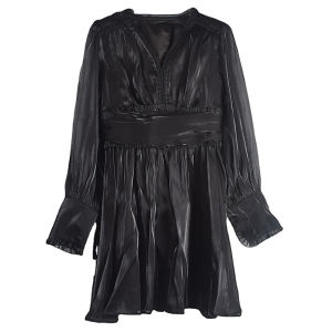 XITAO Ruffles Pleated Bandage Empire Waist Dress Women  Autumn  Small Fresh  Style V Neck Collar Dress GCC2616