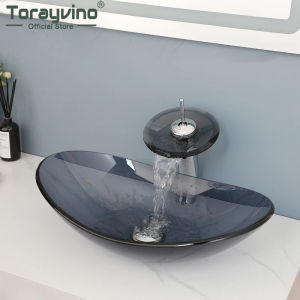 LDIES Torayvino Bathroom Glass Tempered Oval Vanity Basin Sink Set Waterfall Spout Deck Mounted Faucet Mixer Tap With Pop-up Drain Kit 4B7T1