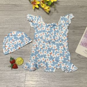 Đồ bơi bé gái 1 mảnh áo vai bồng kèm mũ họa tiết dễ thương chất liệu thun lạnh BINSPORTS BB043