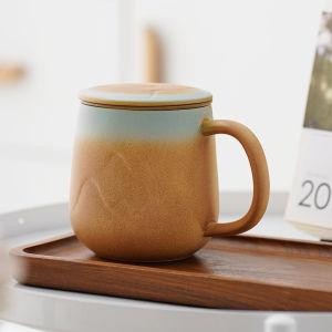 山峰马克杯带盖过滤个人茶杯家用陶瓷水杯办公室创意泡茶杯子logo