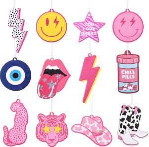 Preppy Boho Car Air Fresheners - 12Pcs Retro Lightning Cowboy Hat Boots Lip Star Fresheners Slices Y2K Scented Review Mirror Hanging Decor Gifts for Car Interior Home Birthday Back to School